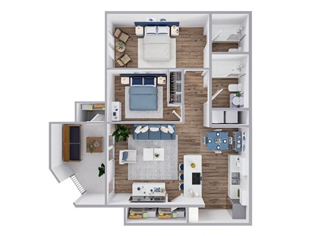 Floor plan for 2 beds, 2 baths, 940 sqft